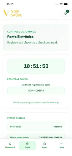 Tela do App Viva Saúde: ponto eletrônico com registro de check-in e status da jornada